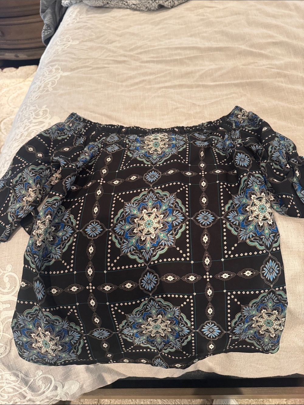 Renee C. Black Off-Shoulder Floral Medallion Blouse with Blue Accents